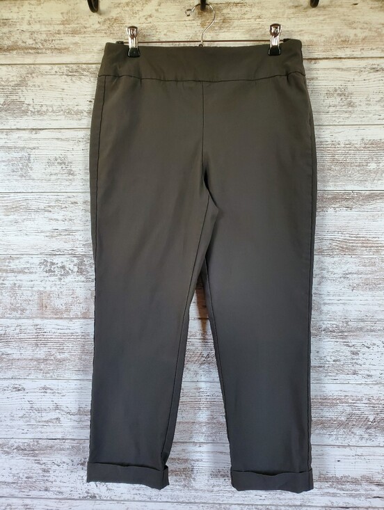 Tribal Pants - Tribal Olive Green Stretch Pull On Straight Leg Cuffed Ankle Dress Pants Cropped